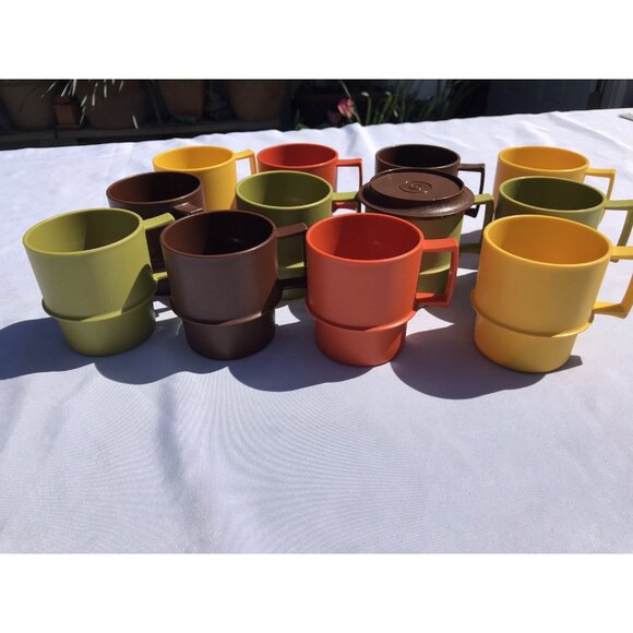 VTG Tupperware 1312 Stacking Coffee Cups Harvest MCM Orange Green Gold Brown Set - Picture 13 of 16